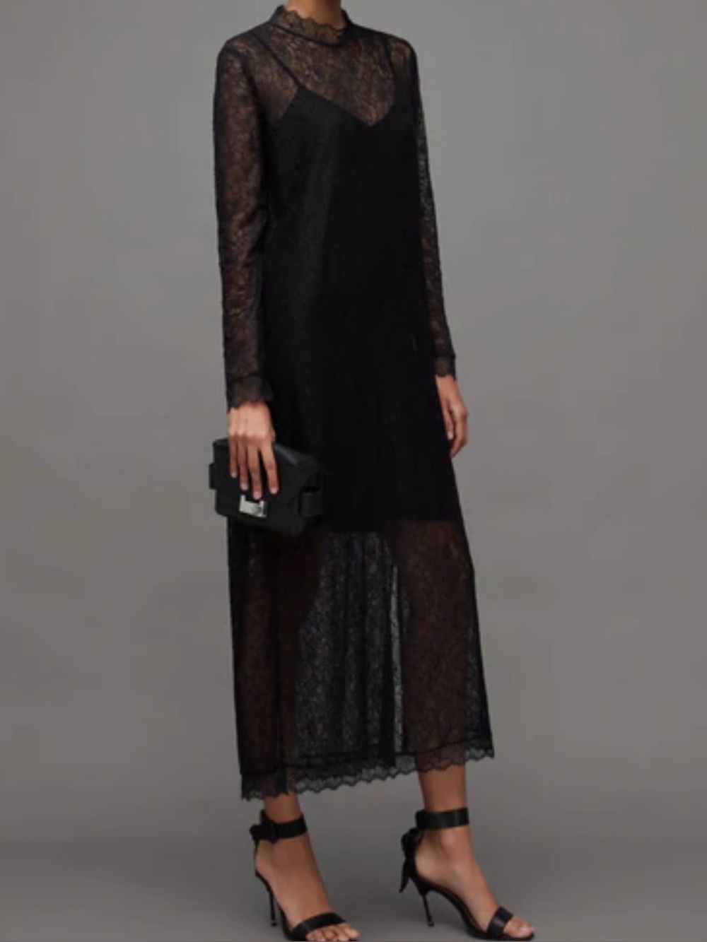 All Saints Katlyn Black Lace Long Sleeve Maxi Dress